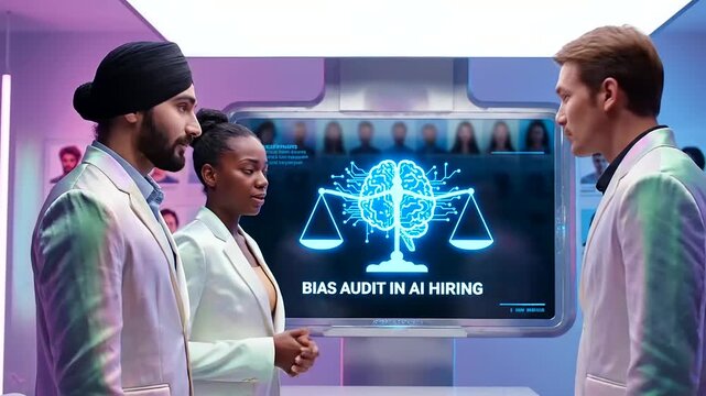 AI Bias Auditing in futuristic AI hiring systems is crucial for fair and equitable employment decisions, shown with diverse professionals examining data.