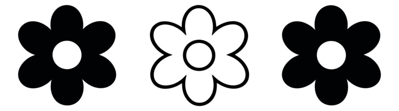 Minimalist graphic flower set featuring black filled and outline daisy shapes for design projects