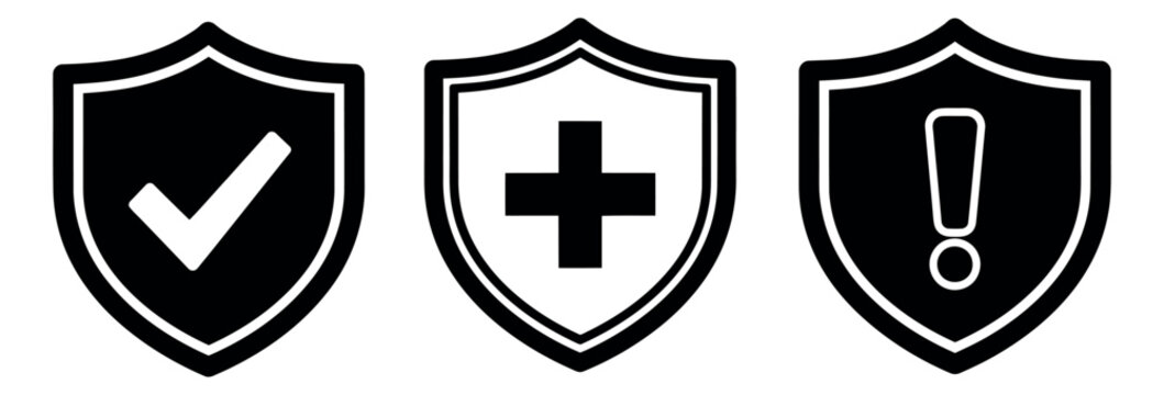 Graphic shield icon set featuring a checkmark, medical cross, and exclamation mark for security, health, and warnings