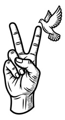 Obraz premium Hand drawn line art illustration of a peace sign hand and flying dove depicting global peace for social concepts