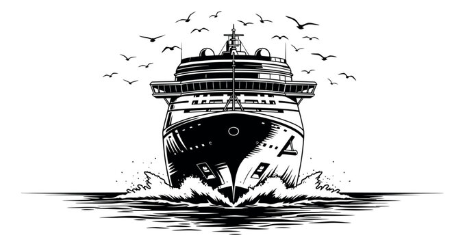 Vintage style line art illustration of a cruise ship depicting sailing at sea with seagulls for travel and tourism