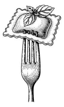 Hand drawn illustration of a ravioli depicting it on a fork with fresh basil for Italian cuisine