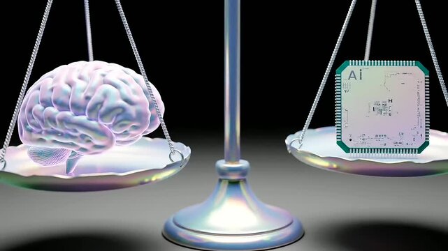 AI Bias Auditing scales the ethical implications of artificial intelligence against human intellect in a 3D render.