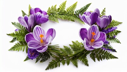 Purple Crocus And Fern Wreath Isolated On Transparent Background