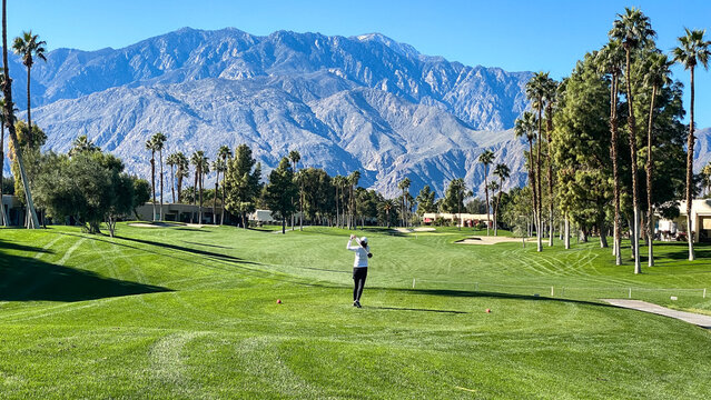 Woman Golfer Teeing Off on Palm Springs Golf Course