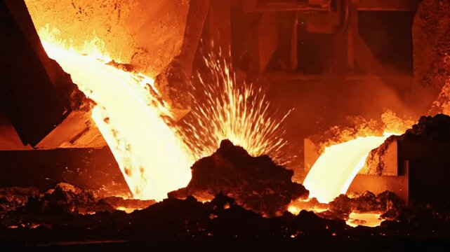 Molten metal pouring from a furnace, creating sparks and flowing into a dark, fiery environment, industrial process