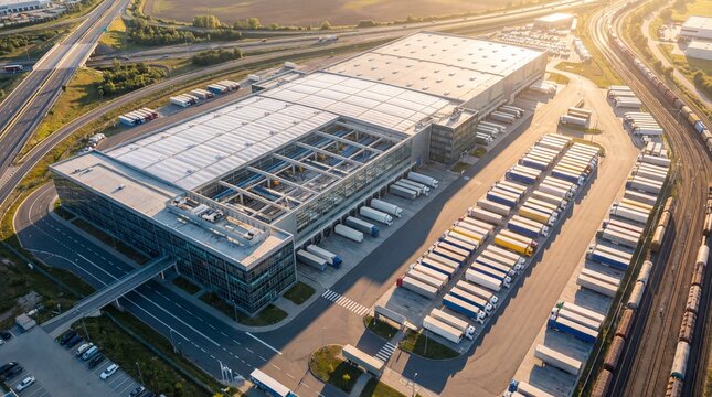 Aerial drone view of a large logistics warehouse and distribution center with many trucks parked outside under a bright sun