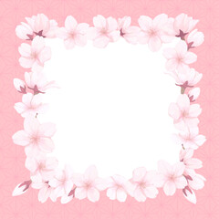 手描きの桜の正方形和柄フレーム_外ピンク背景