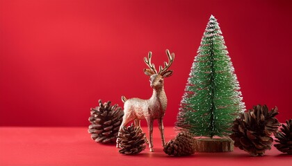 Christmas Tree With Pine Cones And Reindeer On A Red Background