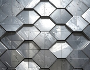 Metallic tile arrangement creating a textured, hexagonal pattern with light reflecting off its surfaces