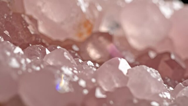 Close up view of the surface of rose quartz crystal stone with the light refracting through the structure