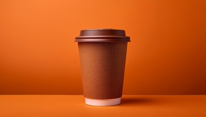 Single Brown Takeaway Coffee Cup On Orange Background