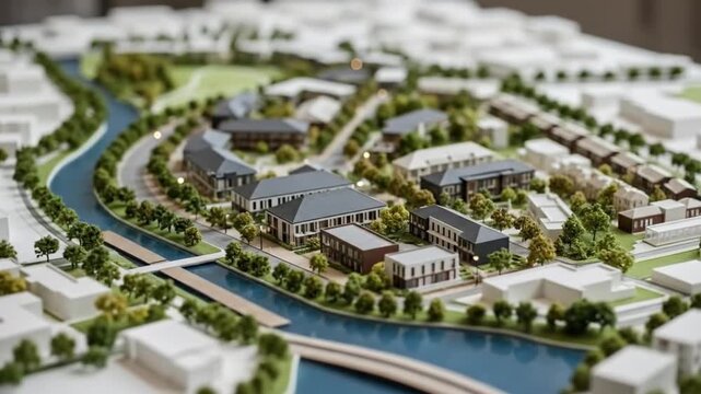 Detailed architectural model showcasing urban planning with buildings, green spaces, and waterways.
