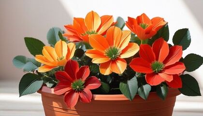Stylized Flower Pot With Orange And Red Petals And Green Leaves Bright Colors Create Cheerful And Lively Atmosphere