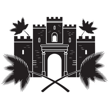 Castle with palm trees isolated on white background, Vector, illustration