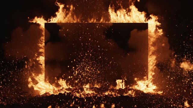 A large fire burns around a square frame with flames and smoke rising high in the air at night