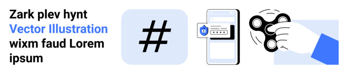 Obraz premium Text block, metadata tag icon, secured mobile access with password lock, and a hand spinning a fidget spinner. Ideal for tech, security, social media, creativity, focus technology interaction