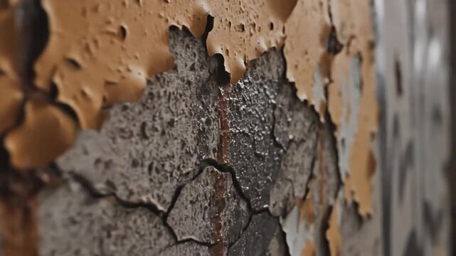 Close-up of peeling paint on weathered wall in an abandoned building with dripping rust stains.