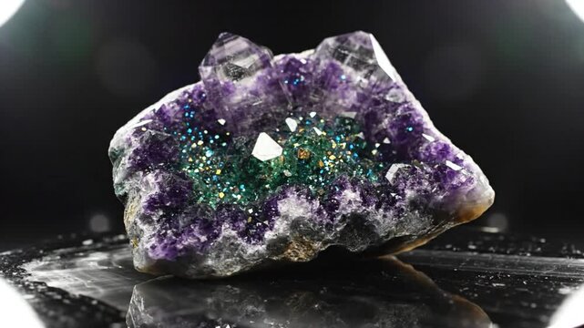 Mesmerizing close-up of a sparkling amethyst geode crystal cluster on a reflective surface showcasing its radiant beauty