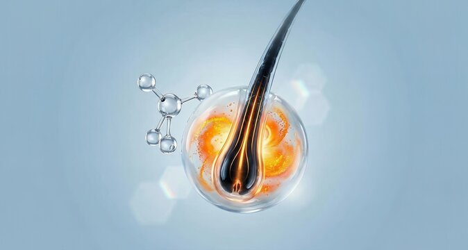 Close-up scientific illustration of a human hair follicle with glowing energy and molecular structure, representing hair growth, scalp health, biotechnology, dermatology, and cosmetic science research