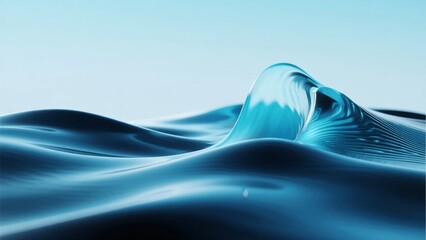 A close-up view of a dynamic blue water wave forming a crest under soft lighting.