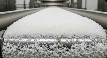 White sugar granules moving along a stainless steel conveyor belt in a food processing facility