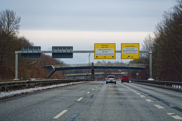 German Autobahn Highway Traffic with Road Signs near Kiel Heading Towards Hamburg