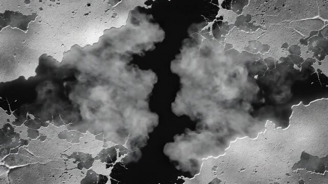 Abstract vapor or smoke emerging from a dark opening with a cracked textured border and empty space in the center