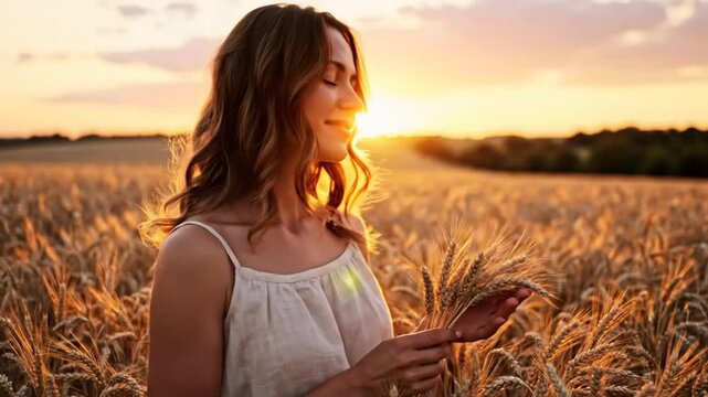 Woman enjoying a peaceful moment in a golden wheat field at sunset, appreciating the beauty of nature