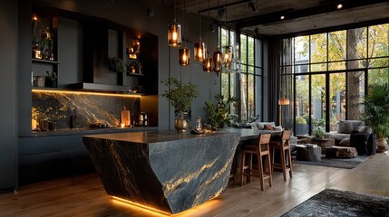 Luxury modern kitchen design with dramatic marble island and large windows