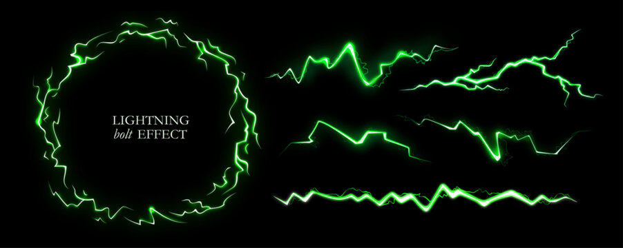 Thunder Light Energy Effect. Vector Green Thunderbolt Set. Electric Flash Neon Lightning. Green Lightning Bolt Strikes Through Dark Background.