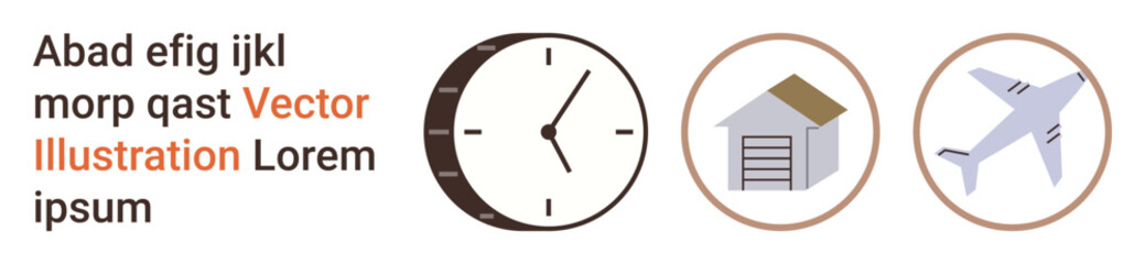 Time management, global logistics, delivery services, transportation, cargo management, scheduling. Includes a clock, house-shaped warehouse and airplane symbols. Time management and logistics theme © robu_s