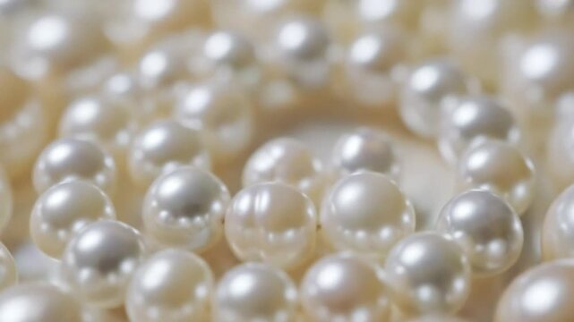 Close-up slow motion shot of radiant white pearl necklace shimmering in soft light creating a luxurious elegant background