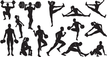 Silhouettes of people exercising with dumbbells and weights freely