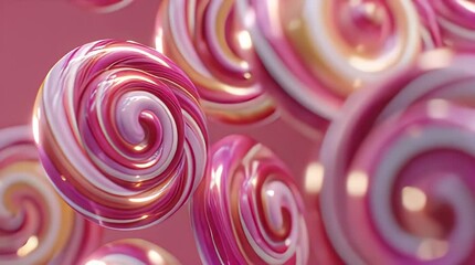Sweets floating in a vibrant display of swirling lollipops in a colorful environment from a close-up viewpoint