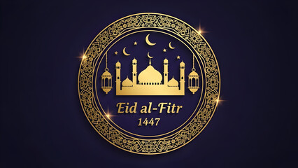 Elegant circular vector emblem featuring mosque silhouette, lanterns, and floral arabesque, centered &ldquo;Eid al-Fitr 1447&rdquo;, gold foil style, 8K