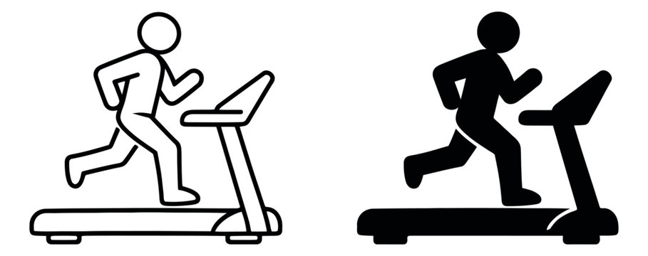 Line art and silhouette fitness set featuring a person running on a treadmill for fitness and exercise