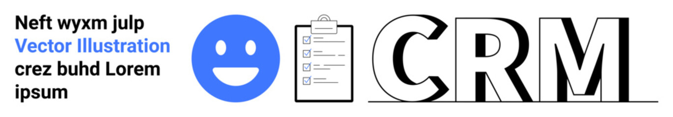 Fototapeta premium Customer service, productivity tools, CRM software, business planning, client interaction, data organization. Blue happy icon next to a clipboard and bold CRM text. Customer service and productivity