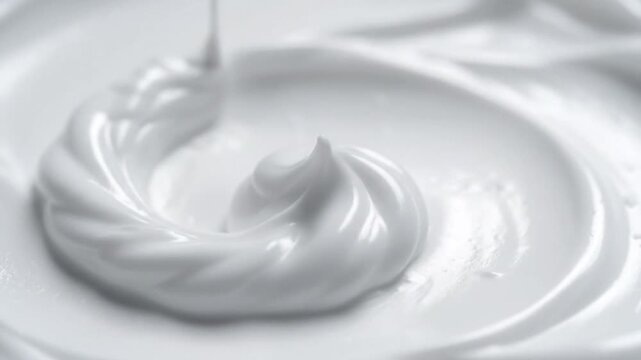 Close up view of white cream being poured and swirling into a spiral pattern on a surface