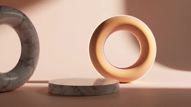 Minimalist scene featuring marble podium and torus shapes against a soft pink background.