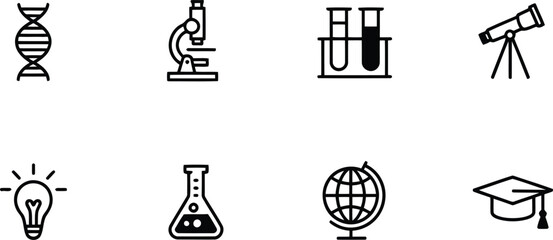 An outline icon set showcasing various instruments for science, education, and academic learning on a white field