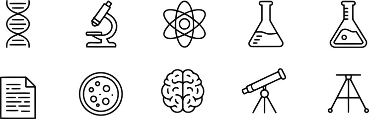 Clean line icons displaying scientific apparatus, biological elements, and academic concepts for learning