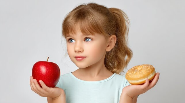 Girl choosing between healthy apple and unhealthy donut
