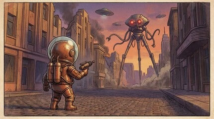 Retro Astronaut Confronts Giant Alien