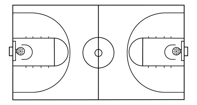 Line art illustration of a basketball court depicting an aerial view for sports planning
