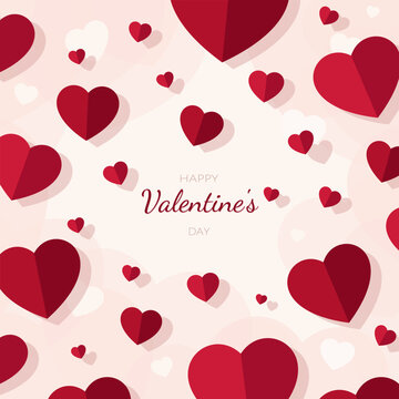 Romantic Valentine&rsquo;s Day background with floating red paper hearts on a soft pastel backdrop. Vector illustration for holiday greetings, cards, invitations and social media.