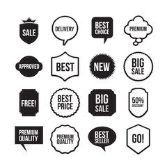 Obraz premium Set of black and white sale, discount, and promotion badge icons. Includes labels like sale, best choice, premium quality, big sale, discount, and marketing stickers.