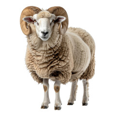 Fototapeta premium Fluffy Ram Sheep with Curled Horns Standing Gracefully on a Transparent Background