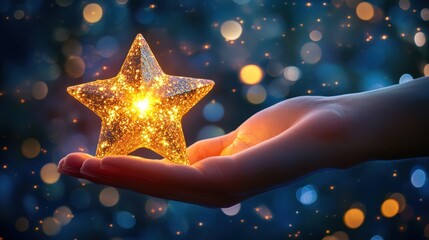 Glowing golden star-shaped lantern held in a human hand against a magical bokeh background
