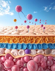 Microscopic view of layered skin and pink globules against a blue sky with wispy clouds